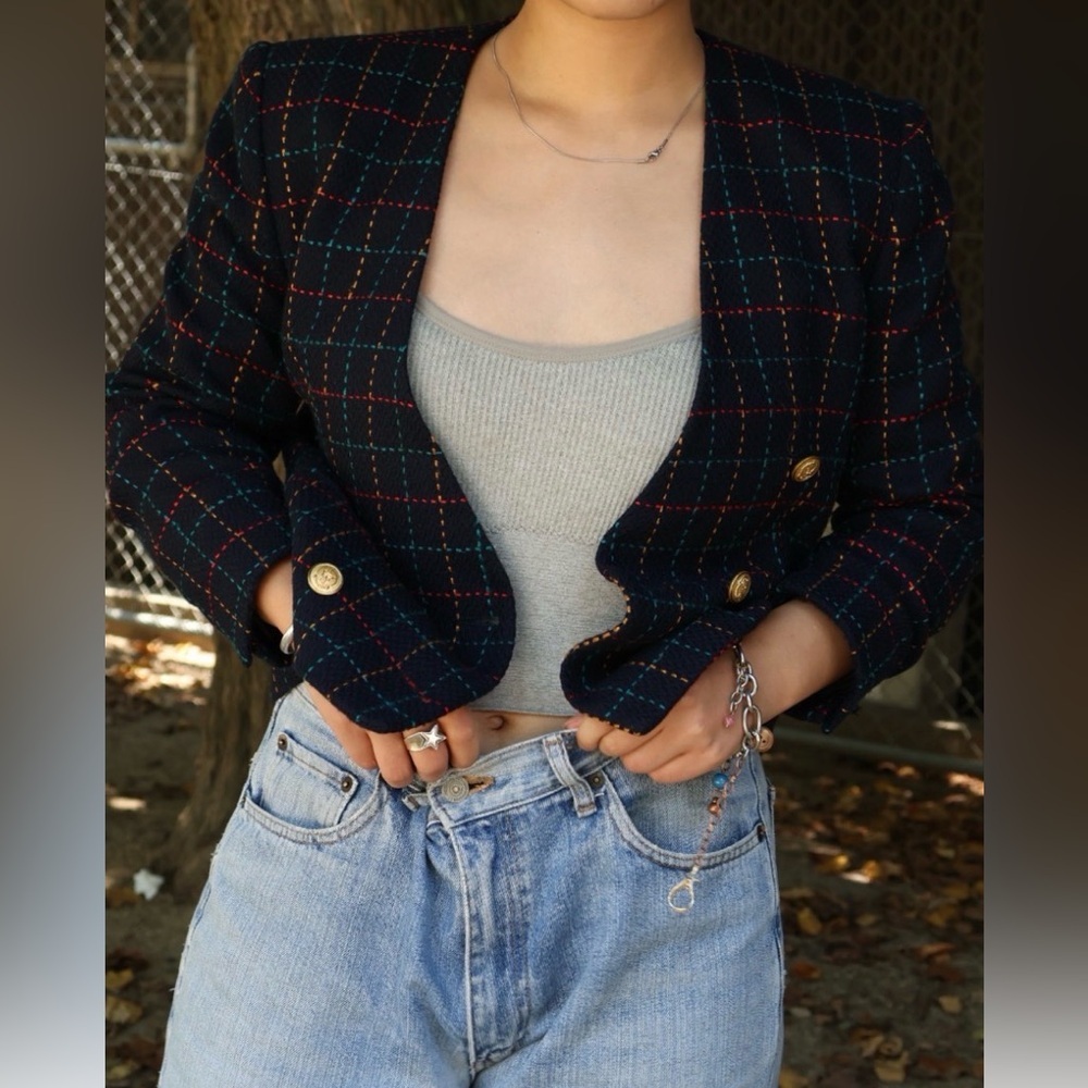 VTG Jones New York Navy Plaid Double Breasted Blazer 12 Cropped Preppy Y2K 90s - Picture 4 of 11